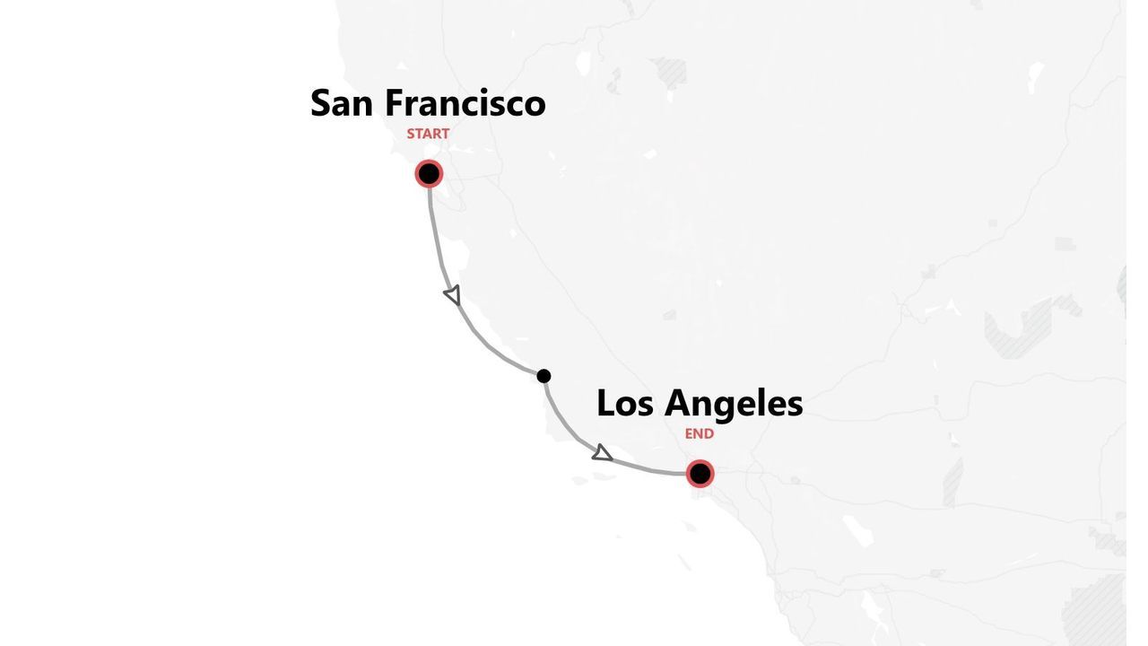 A map showing a travel route from the start point, San Francisco, to the end point, Los Angeles.