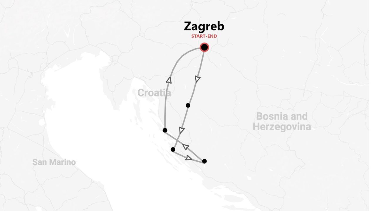 A map showing a tour itinerary that starts and ends in Zagreb, with a route through Croatia and Bosnia and Herzegovina.