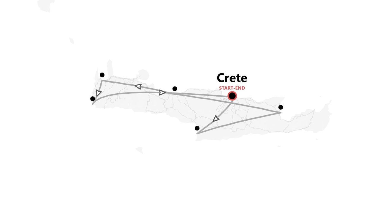 A stylized map of Crete showing a tour itinerary with connected points and a designated start and end location.