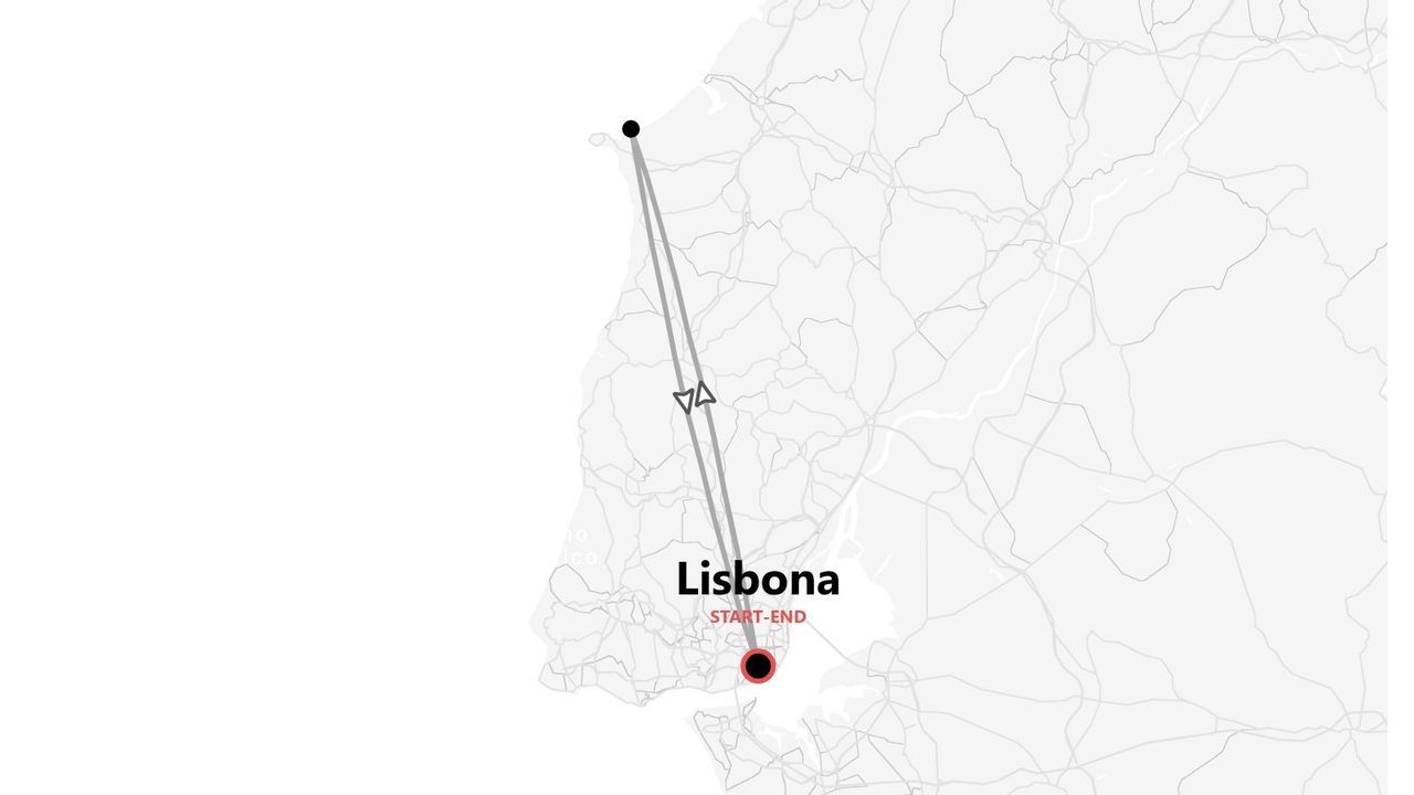 Una mappa minimalista che mostra un itinerario di viaggio di andata e ritorno con partenza e arrivo a Lisbona.