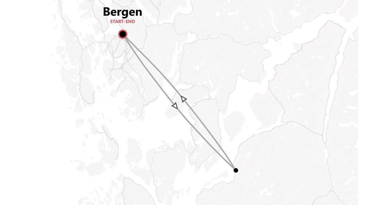 A map showing a round trip itinerary starting and ending in Bergen, with lines and arrows indicating the route.