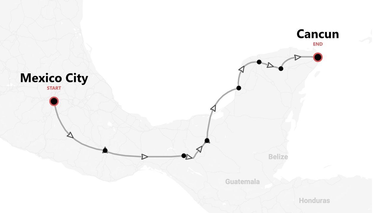 A minimal map showing a travel itinerary with a start point in Mexico City and an end point in Cancun, Mexico.