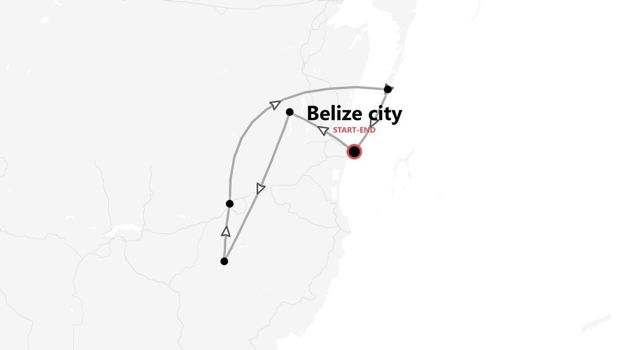 A map showing a travel itinerary in Belize, starting and ending in Belize City.