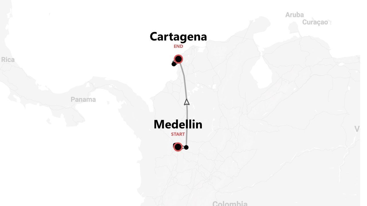 A map of Colombia showing a travel route starting in Medellin and ending in Cartagena.
