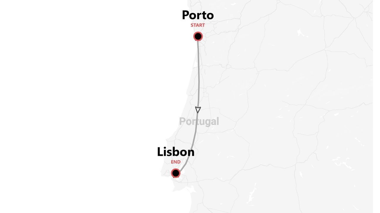 A map of Portugal showing a travel route starting in Porto and ending in Lisbon.