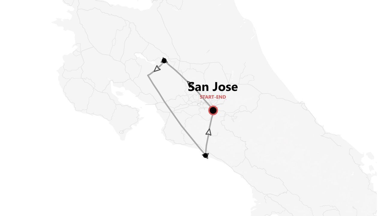 An itinerary map of Costa Rica showing a circular tour route that starts and ends in the city of San Jose.