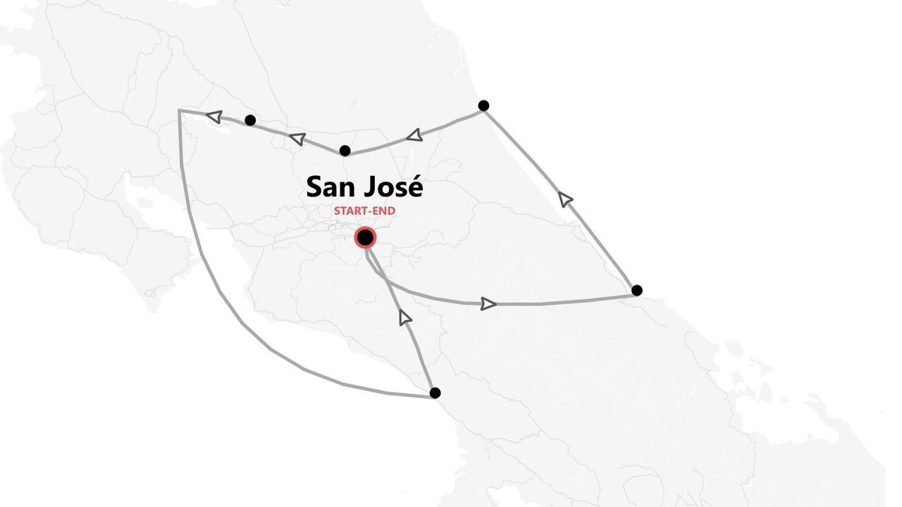 A map of an itinerary showing a route that starts and ends in San José, with multiple stops along the way.