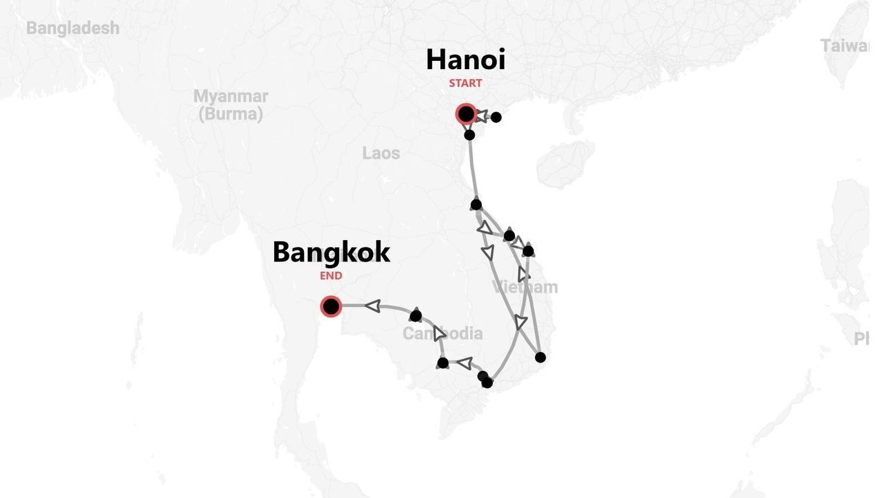 A map showing a travel itinerary starting in Hanoi, passing through Vietnam and Cambodia, and ending in Bangkok.