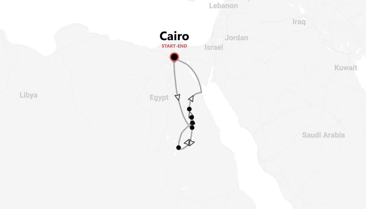 Map showing a travel itinerary for a tour of Egypt, which starts and ends in the city of Cairo.