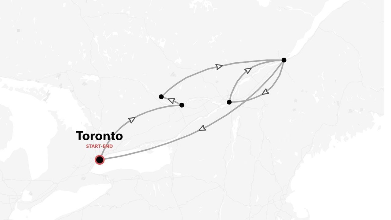 A stylized map showing a travel itinerary with multiple stops, starting and ending in Toronto.