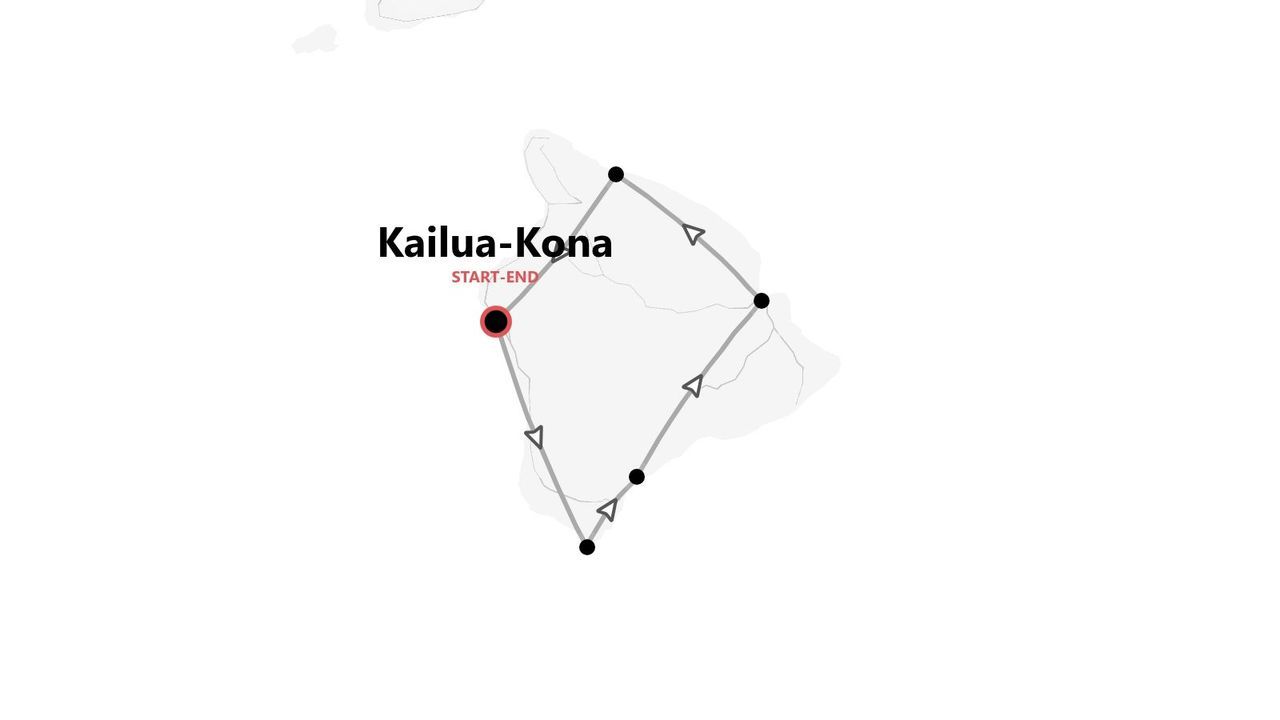 A map showing a circular tour itinerary around an island, with the start and end point at Kailua-Kona.