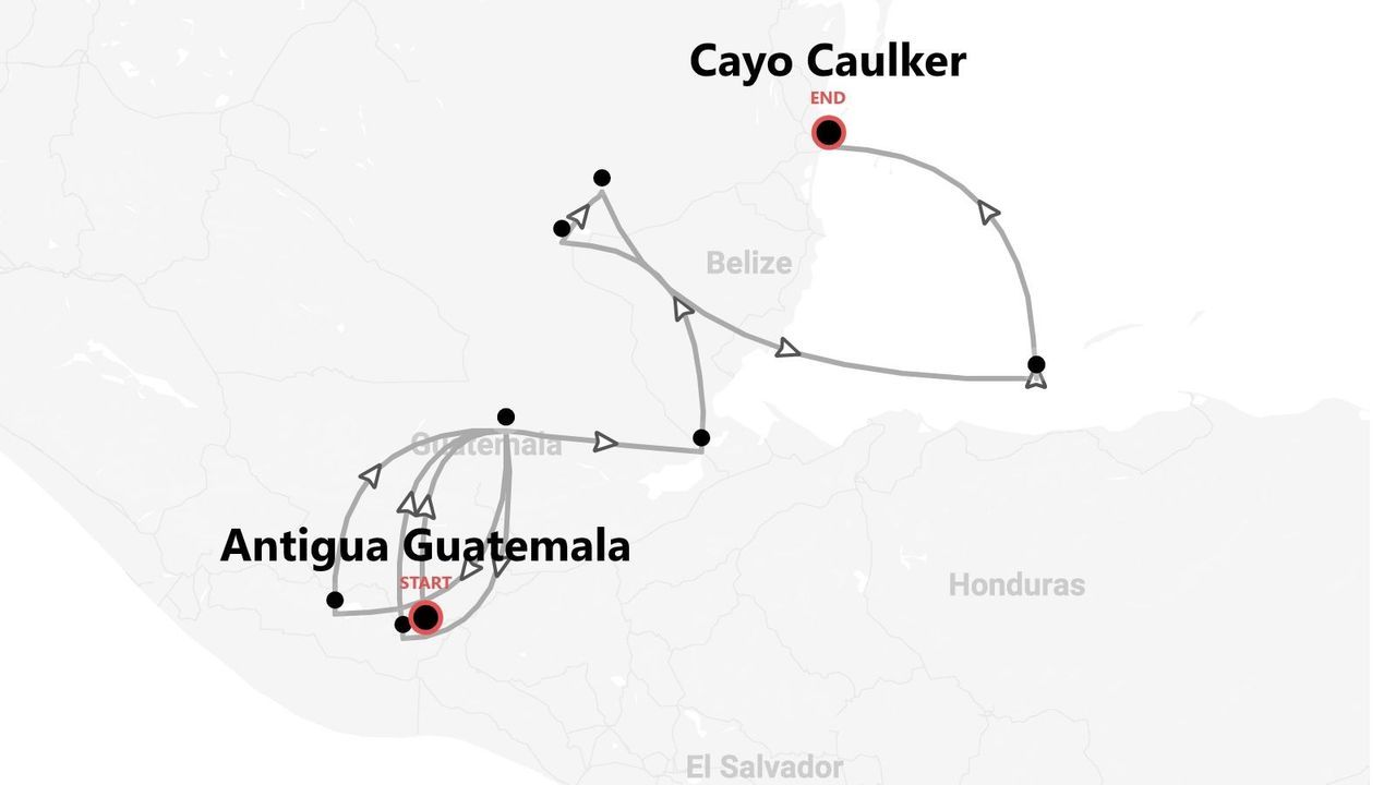 A map showing a tour route starting in Antigua Guatemala, traveling through Guatemala and Belize, and ending in Cayo Caulker.