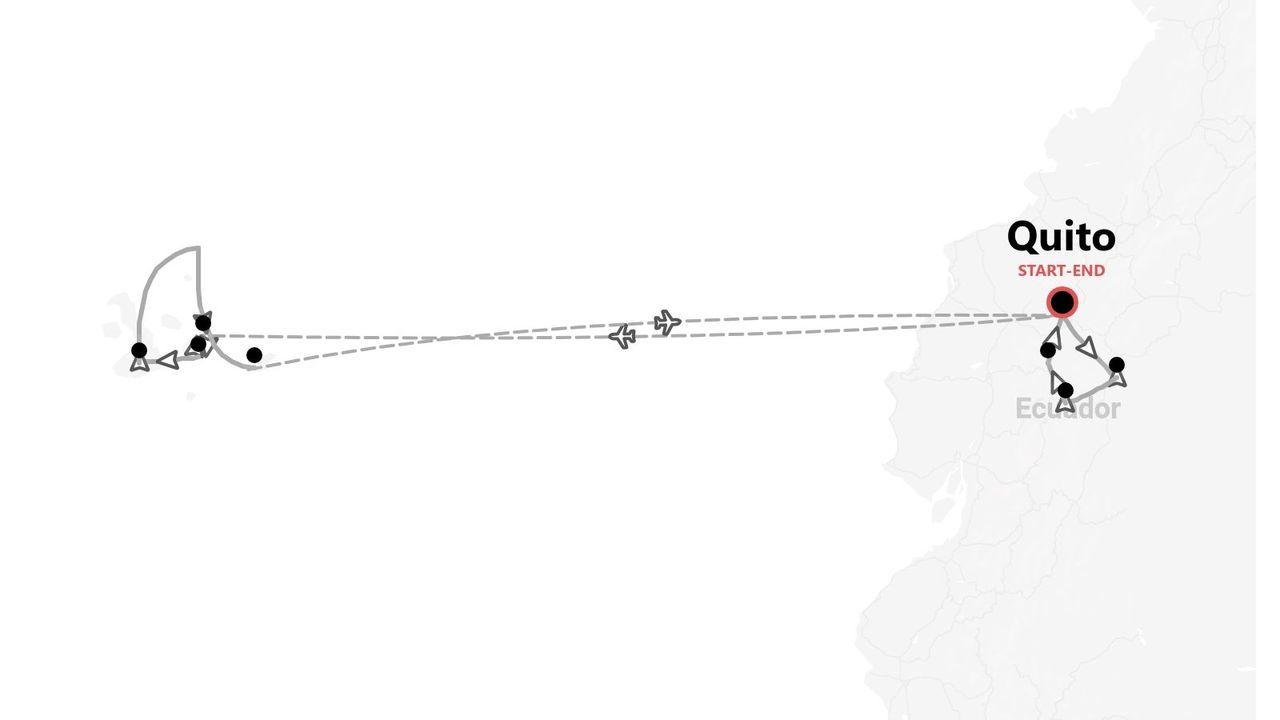 A map showing a tour itinerary in Ecuador, starting and ending in Quito, with flight paths to islands to the west.