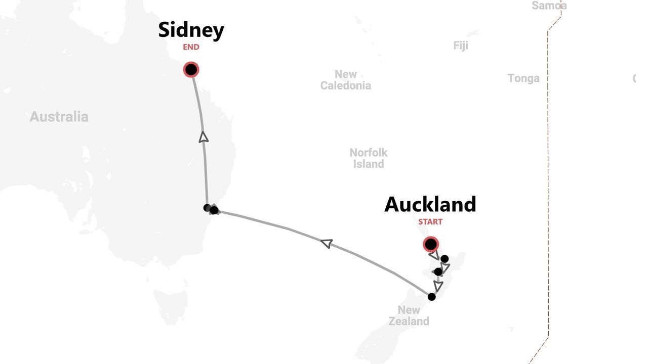 A map showing a travel route with a 'start' marker in Auckland, New Zealand, and an 'end' marker in Sidney, Australia.