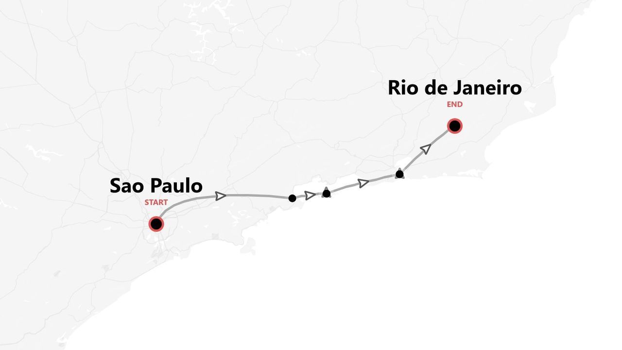 A map showing a travel itinerary from a start point in Sao Paulo to an end point in Rio de Janeiro.