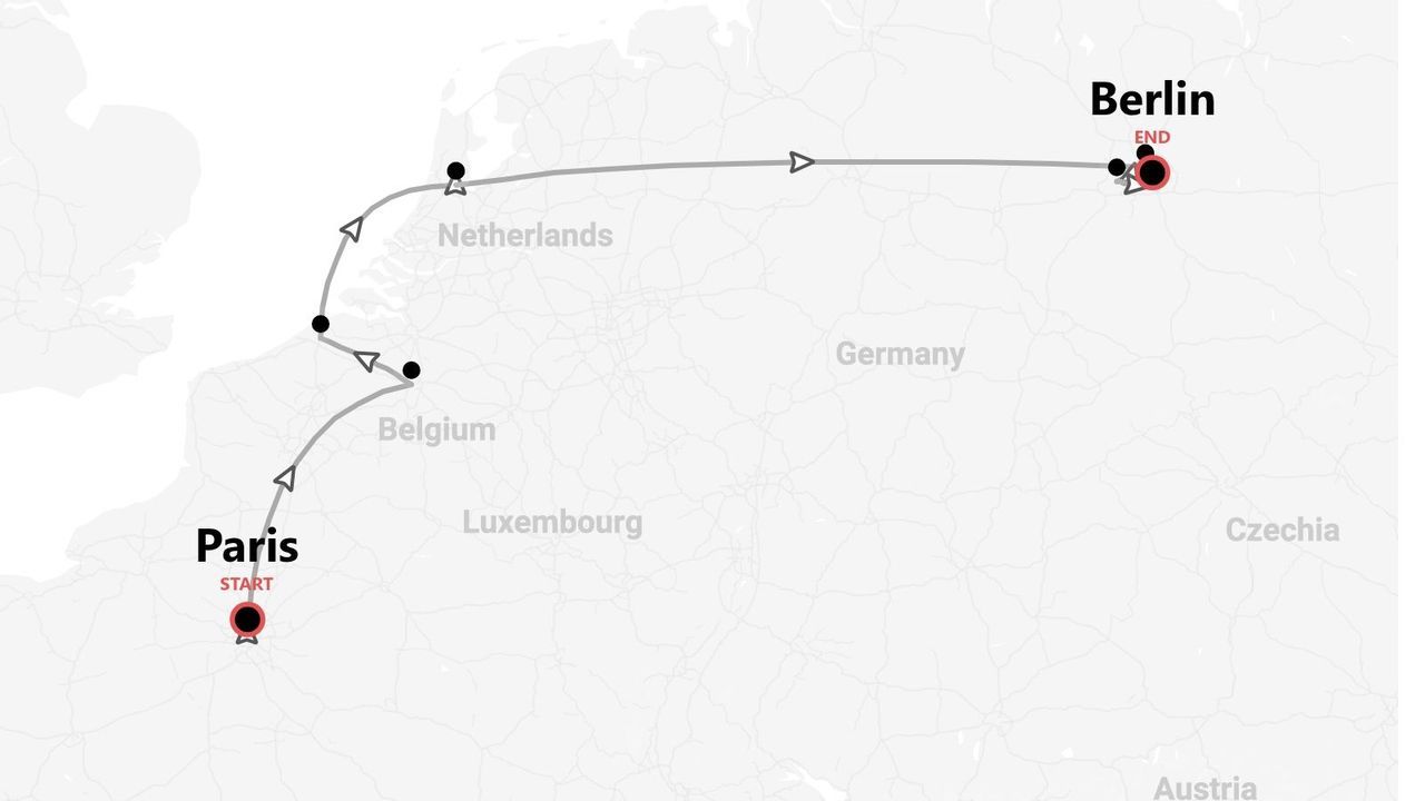 A map showing a travel route from Paris, France, to Berlin, Germany, passing through Belgium and the Netherlands.