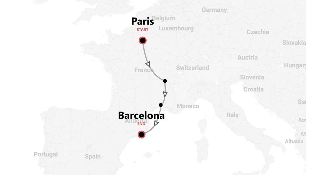 A map showing a route from the start point in Paris, France, to the end point in Barcelona, Spain.