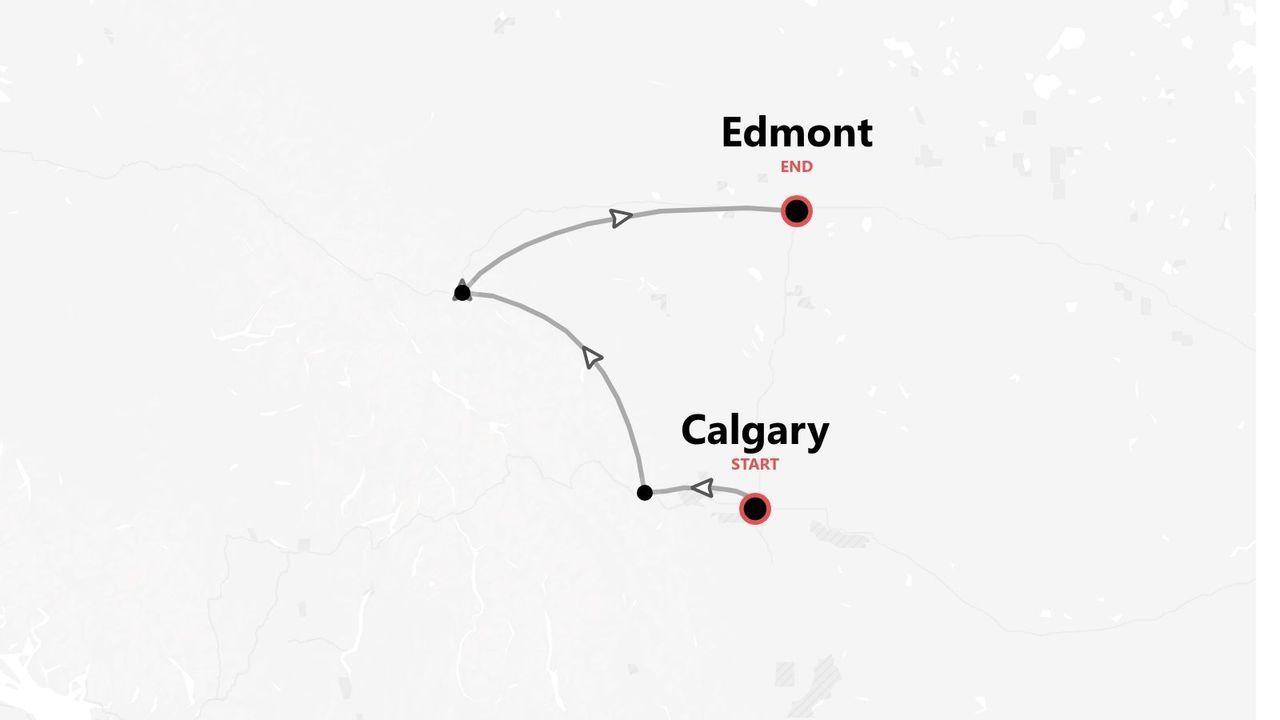 A map illustrating a travel route with a starting point in Calgary and an ending point in Edmonton.
