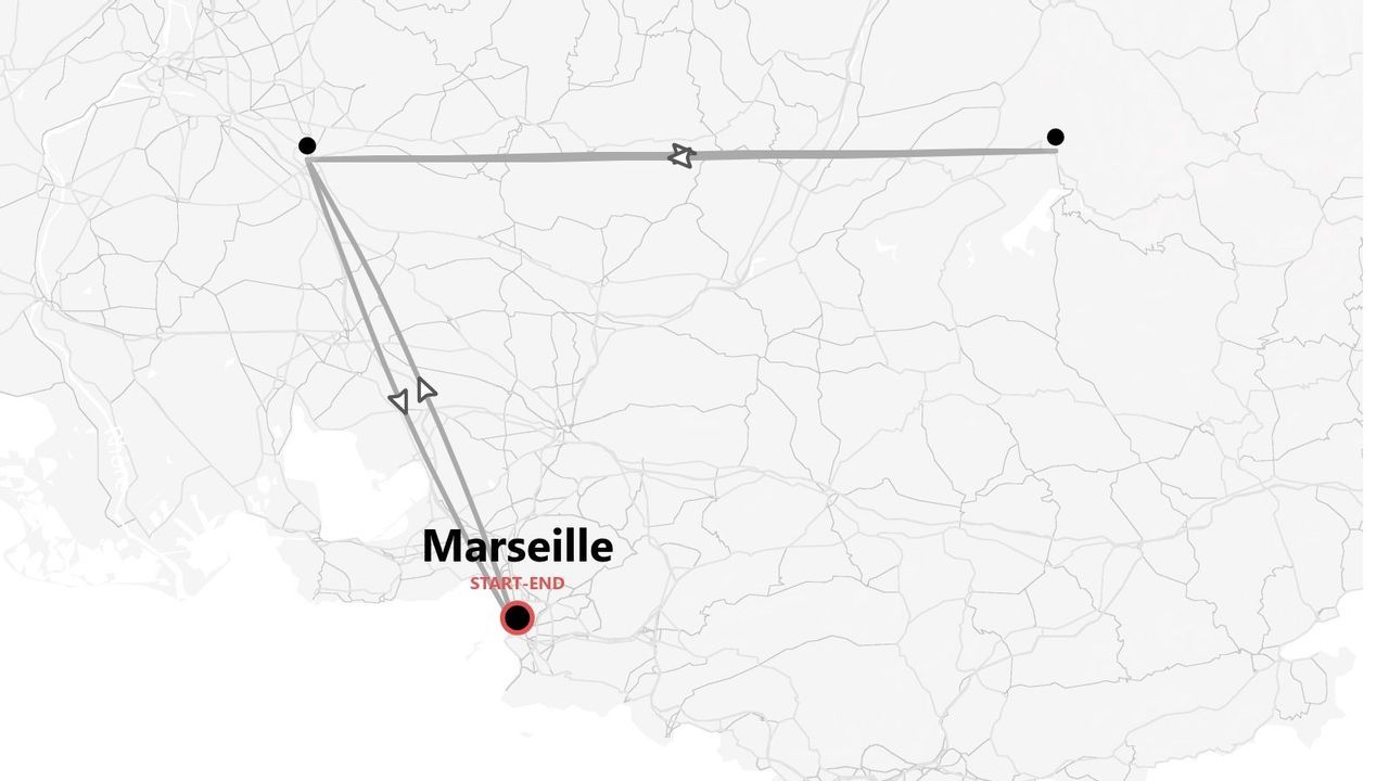 A grayscale map showing a triangular flight route starting and ending in Marseille.