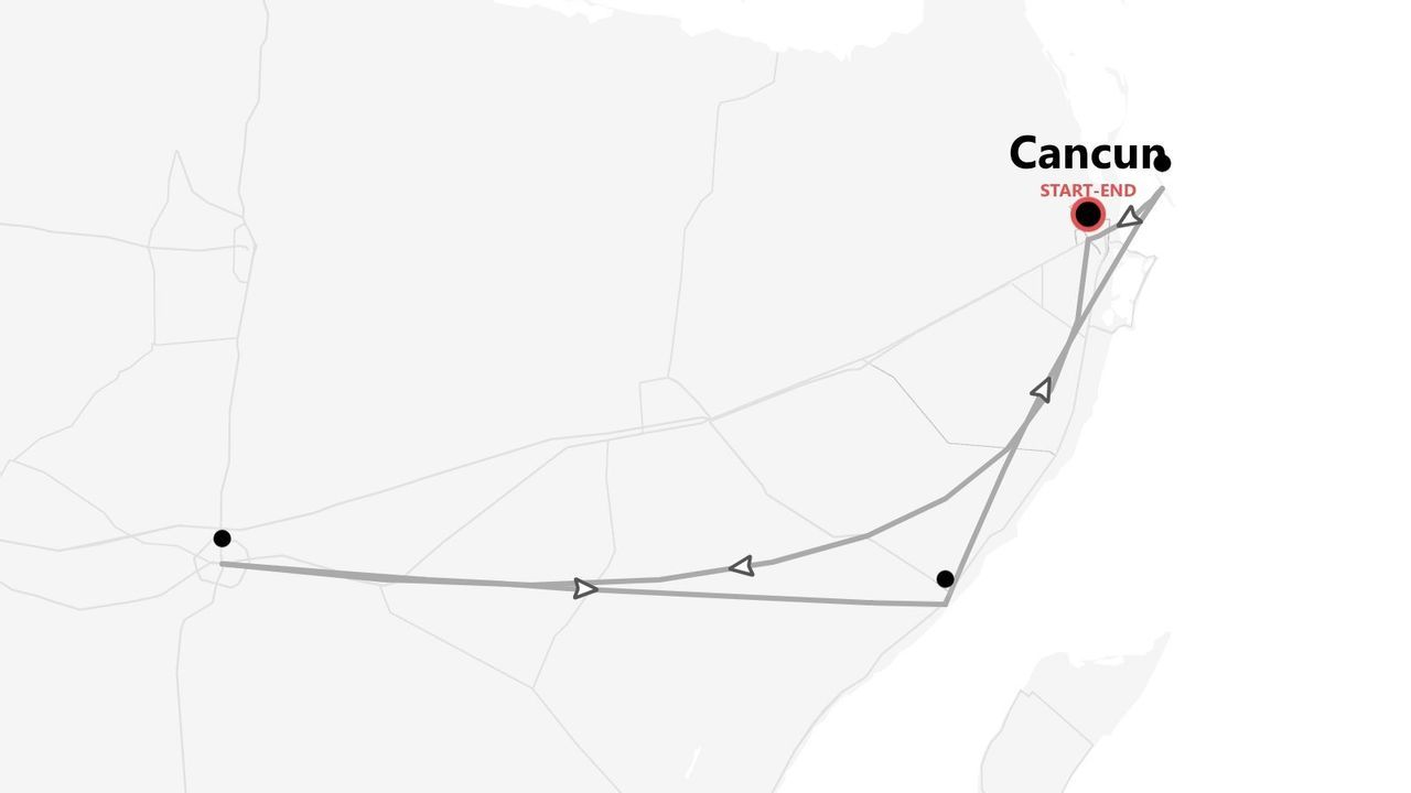 A grayscale map illustrating a travel route with Cancun marked as the start and end point.