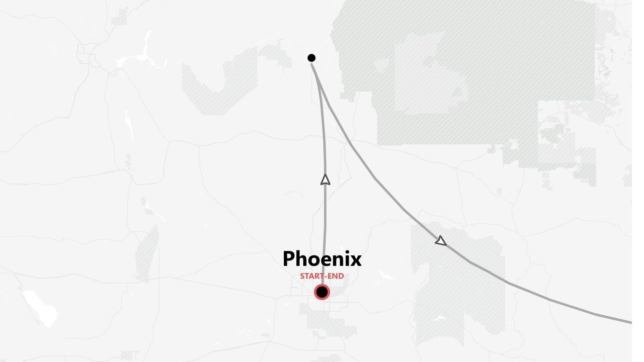 A map of a travel route that starts and ends in Phoenix, showing a loop-shaped itinerary.