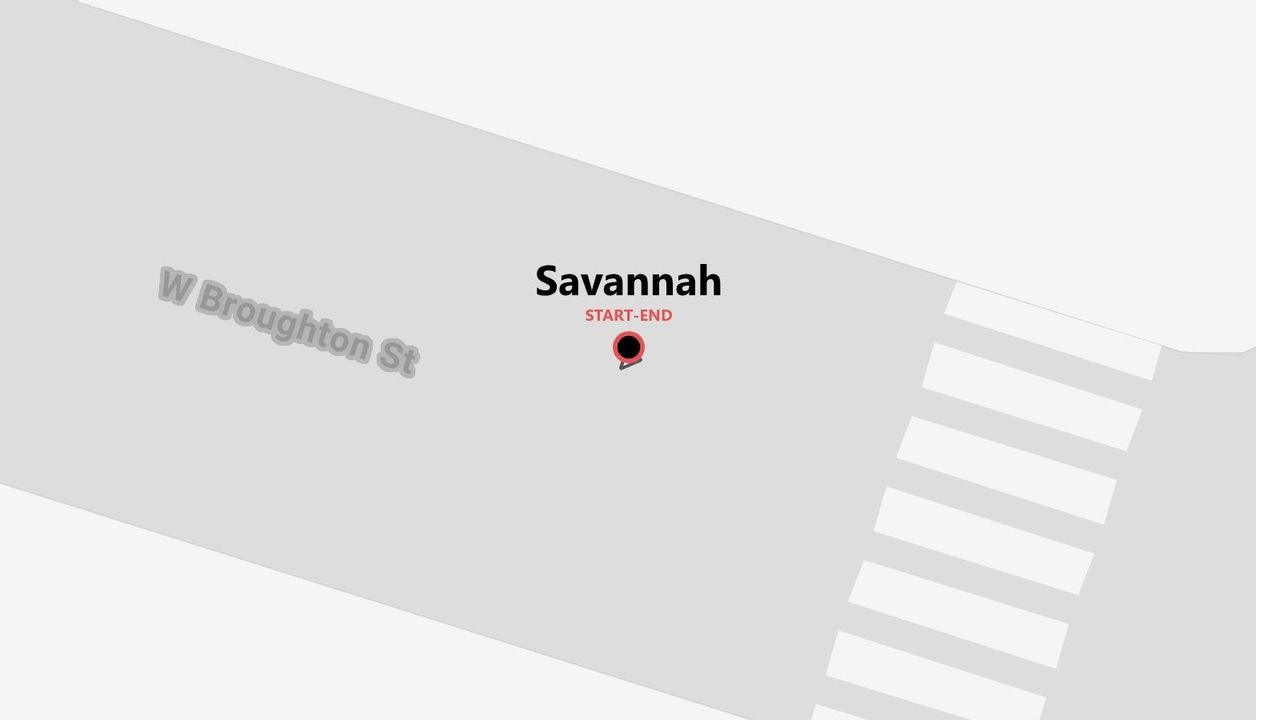 A minimalist map showing a start and end point in Savannah on W Broughton St, next to a crosswalk.