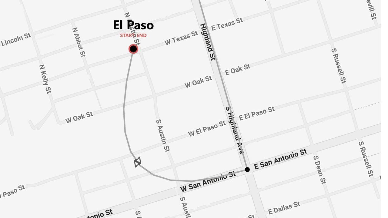 A street map of El Paso, Texas, showing a plotted route starting near N Abbot St and traveling along S Austin St and W San Antonio St.