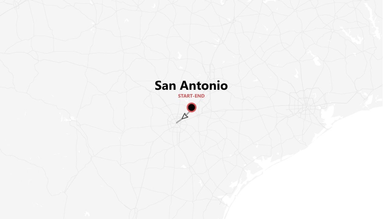A minimalist map showing a trip route that starts and ends in San Antonio.