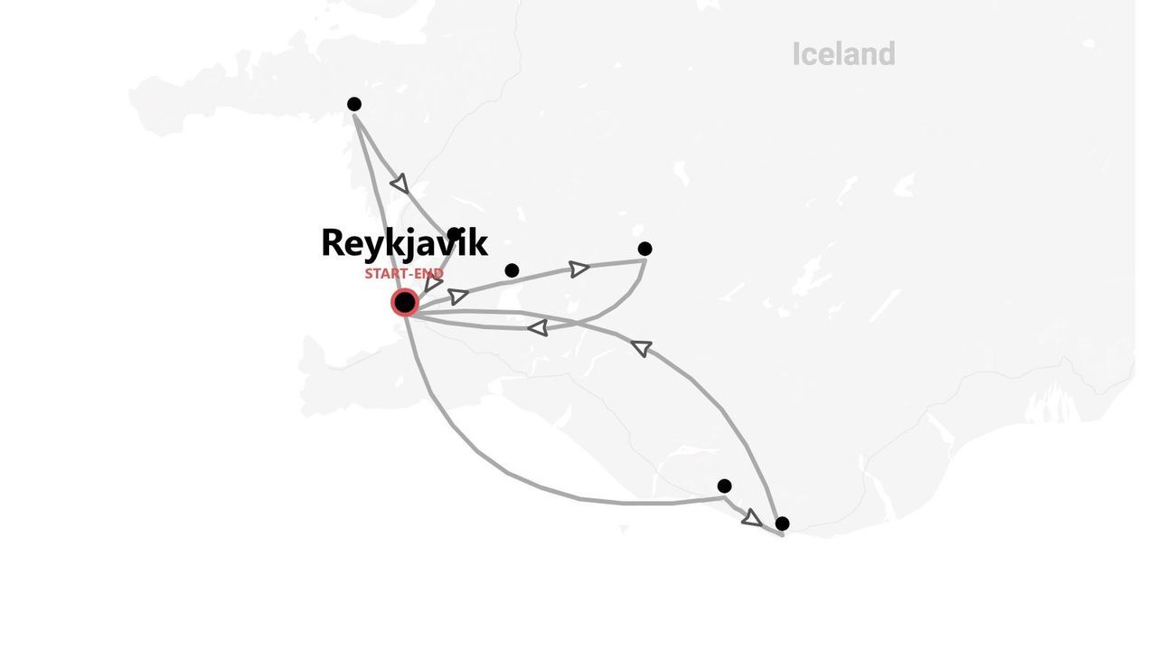 A map of a travel itinerary in Iceland, showing a route that starts and ends in Reykjavík.