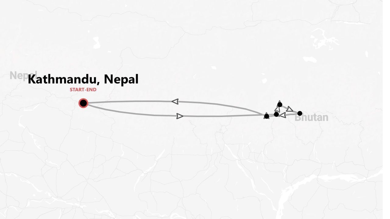 Eine Karte mit einer Reiseroute, die in Kathmandu, Nepal, beginnt und endet und durch mehrere Orte in Bhutan führt.