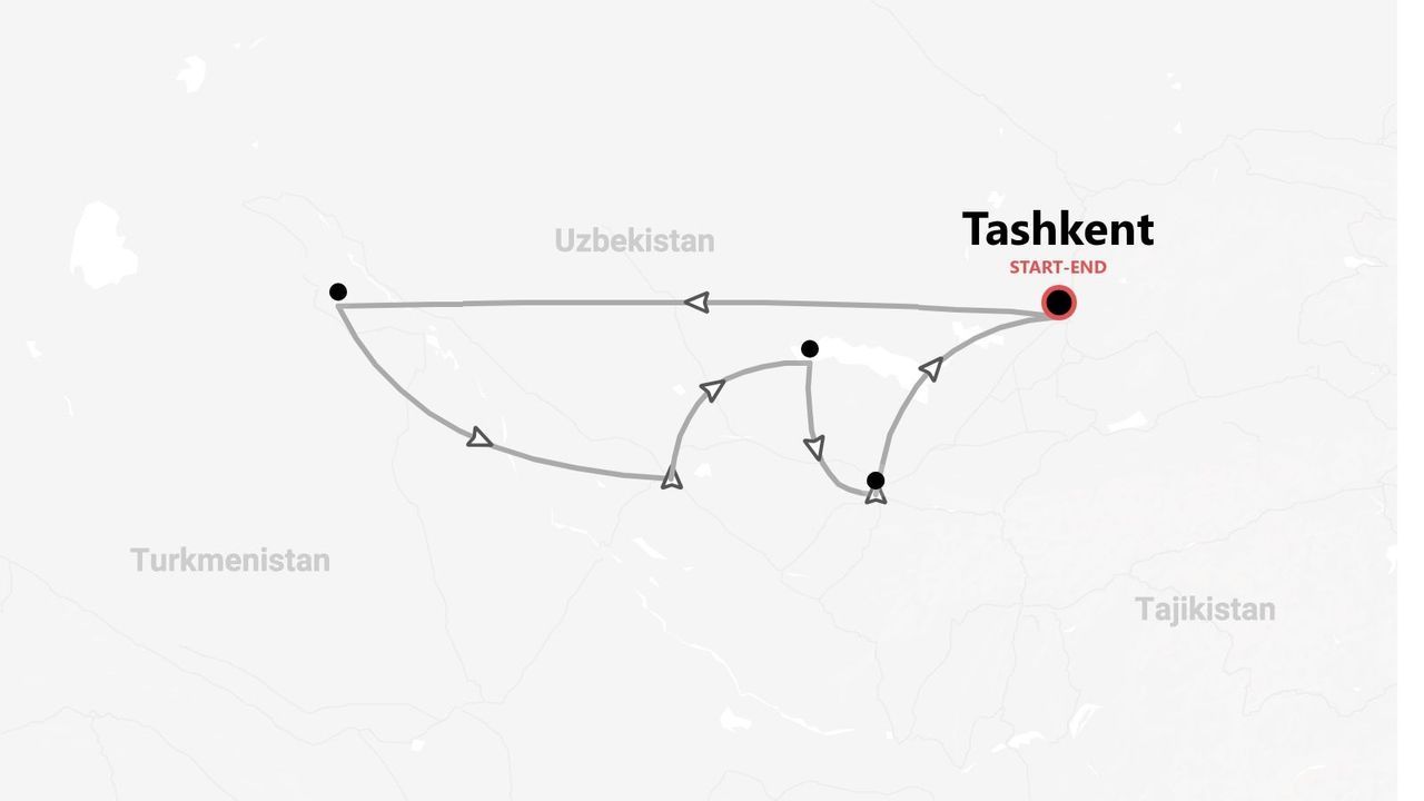 A map illustrating a circular travel route through Uzbekistan, starting and ending in the city of Tashkent.