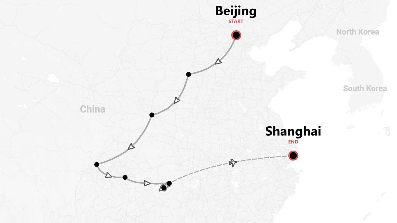 A map showing a travel route through China, starting in Beijing and ending in Shanghai, with several stops along the way.