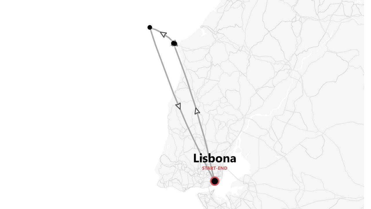 Una mappa in scala di grigi che mostra un itinerario di viaggio che inizia e finisce a Lisbona, formando un anello verso nord.