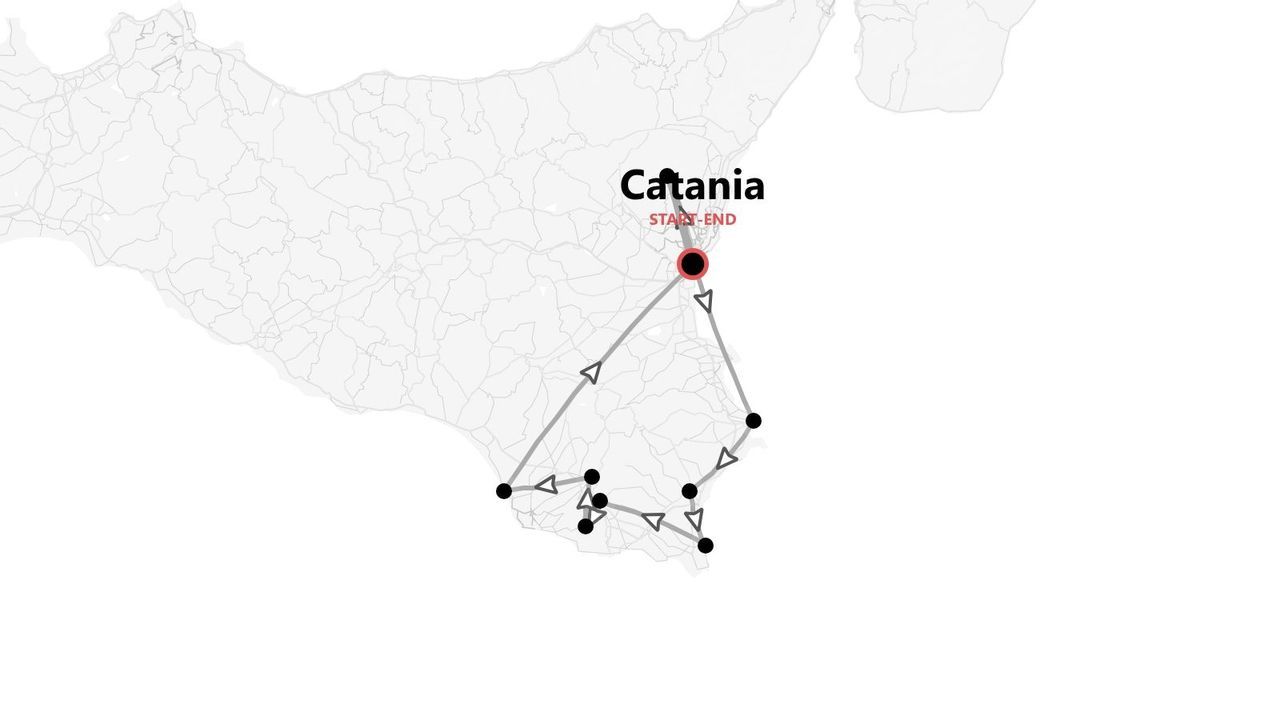 Mapa de ruta de viaje por el sureste de Sicilia, con inicio y fin en Catania.