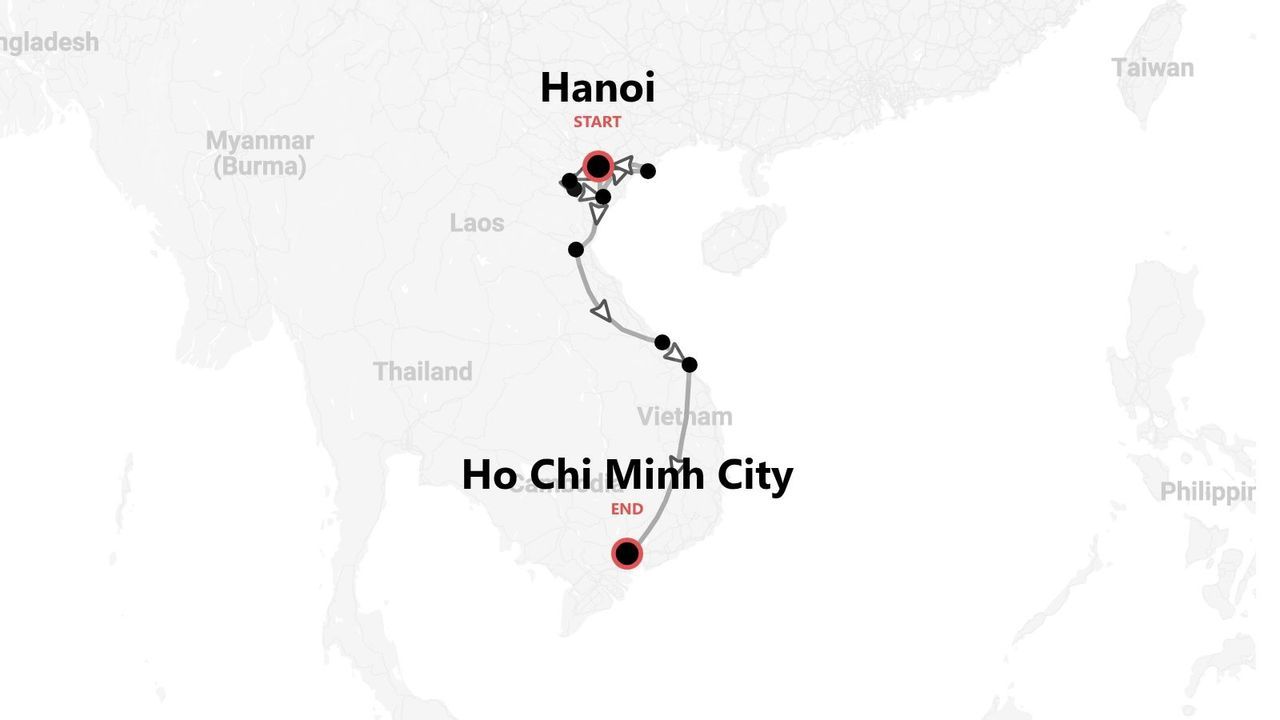 A map showing a travel itinerary through Vietnam, starting in Hanoi in the north and ending in Ho Chi Minh City in the south.
