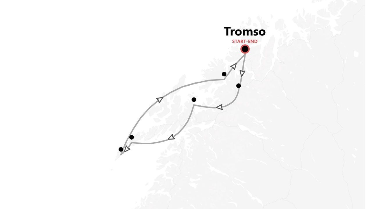 A map showing a looped tour itinerary with several stops, starting and ending in the city of Tromso.