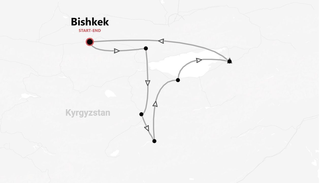 Eine minimalistische Karte einer Reiseroute durch Kirgisistan, mit Bischkek als Start- und Endpunkt.