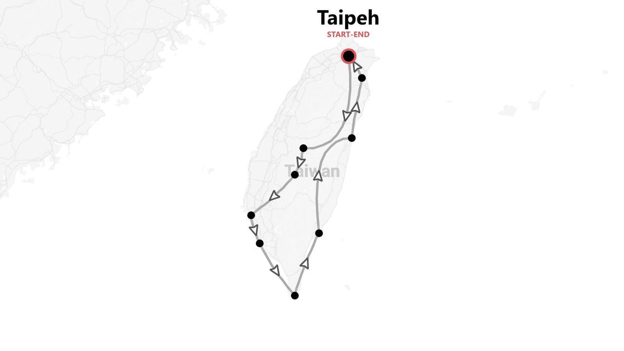 Karte einer Rundreise in Taiwan, beginnend und endend in Taipeh und die Insel umrundend.