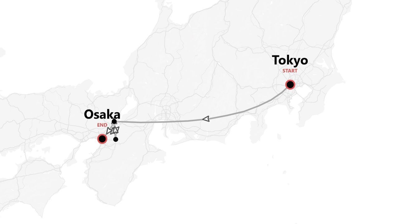 A map of Japan showing a travel route starting in Tokyo and finishing in Osaka.