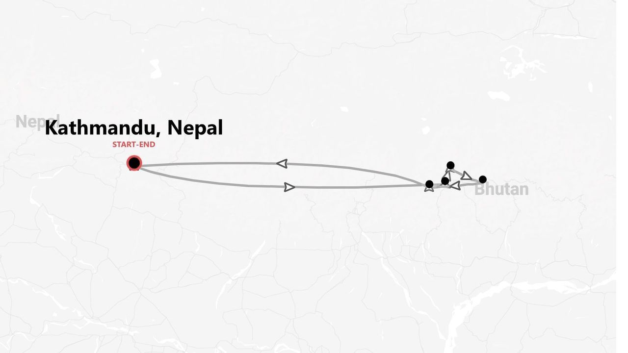Eine Karte mit einer Reiseroute, die in Kathmandu, Nepal, beginnt und endet und durch Bhutan führt.