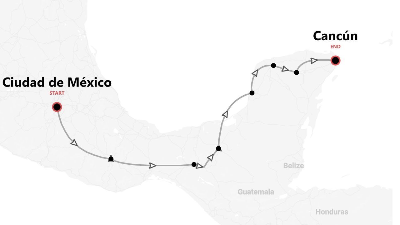 Un mapa que muestra una ruta de viaje que comienza en Ciudad de México y termina en Cancún, con el camino trazado a través de México.