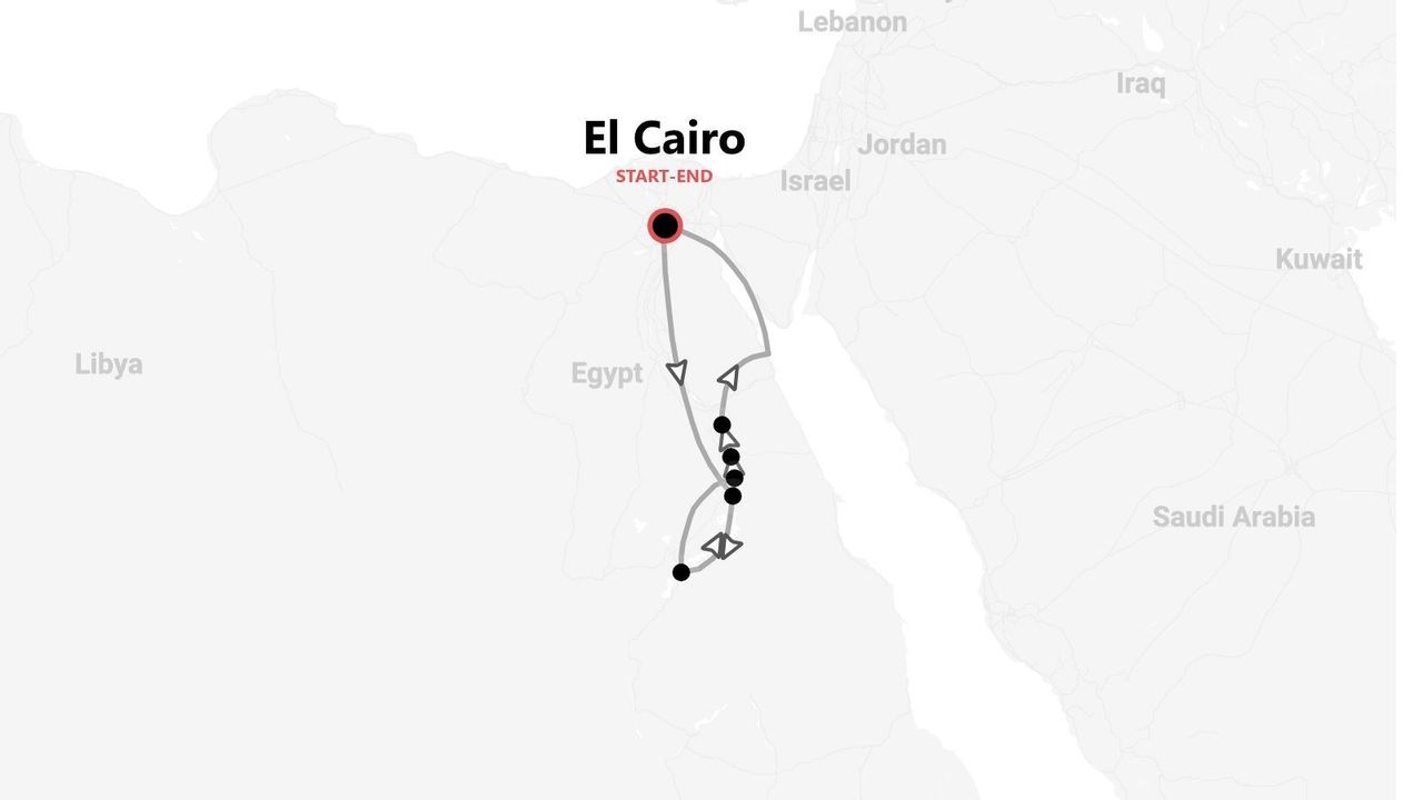 Un mapa del itinerario de un tour por Egipto, con inicio y fin en El Cairo, viajando hacia el sur por una ruta marcada.