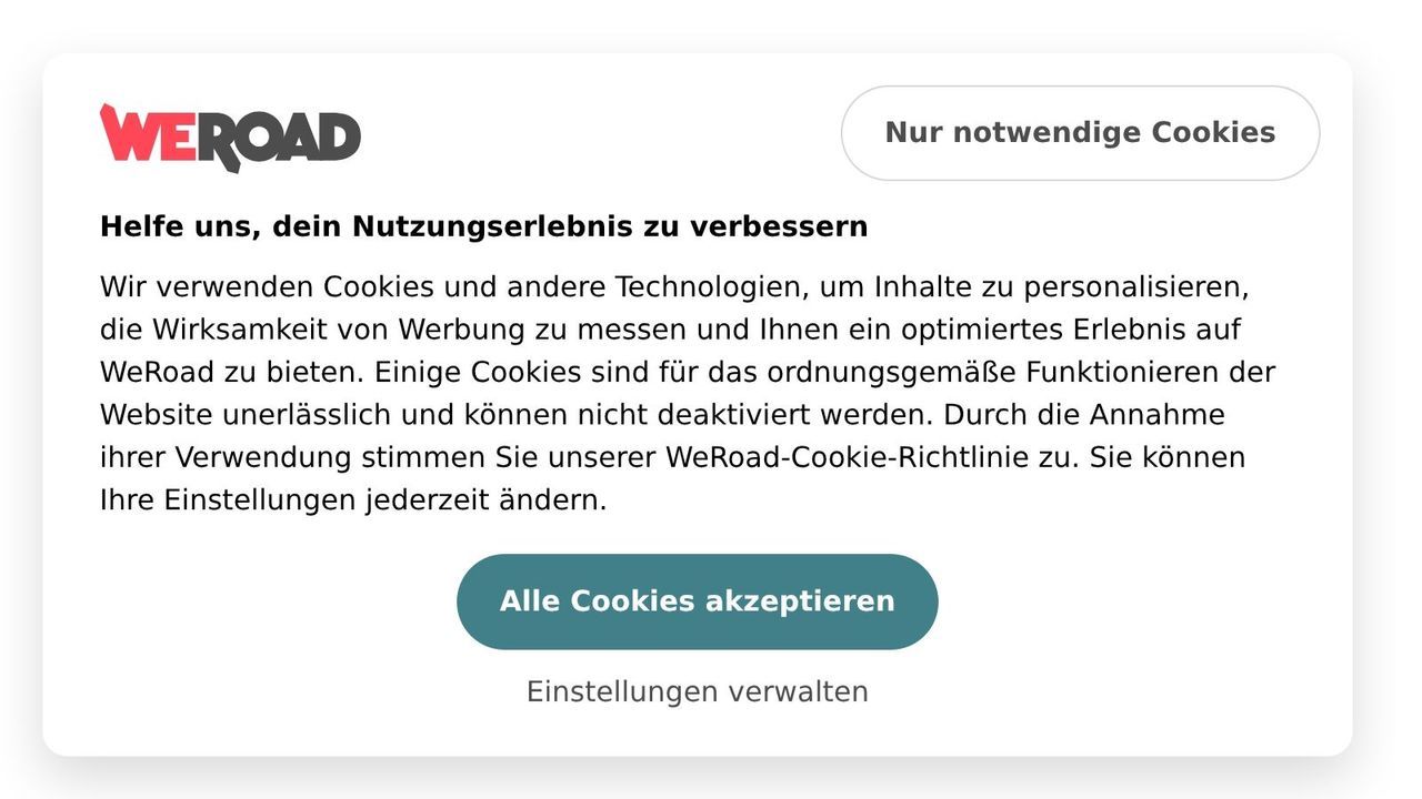 Ein Screenshot des Cookie-Banners der WeRoad-Website auf Deutsch, mit Optionen zum Akzeptieren aller Cookies, nur der notwendigen oder zum Verwalten der Einstellungen.