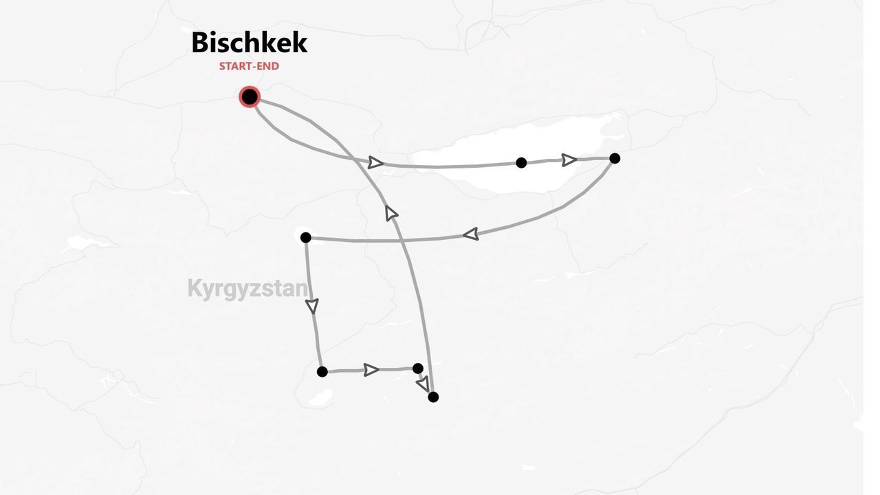 Eine Karte einer Reiseroute durch Kirgisistan, die in der Stadt Bischkek beginnt und endet.