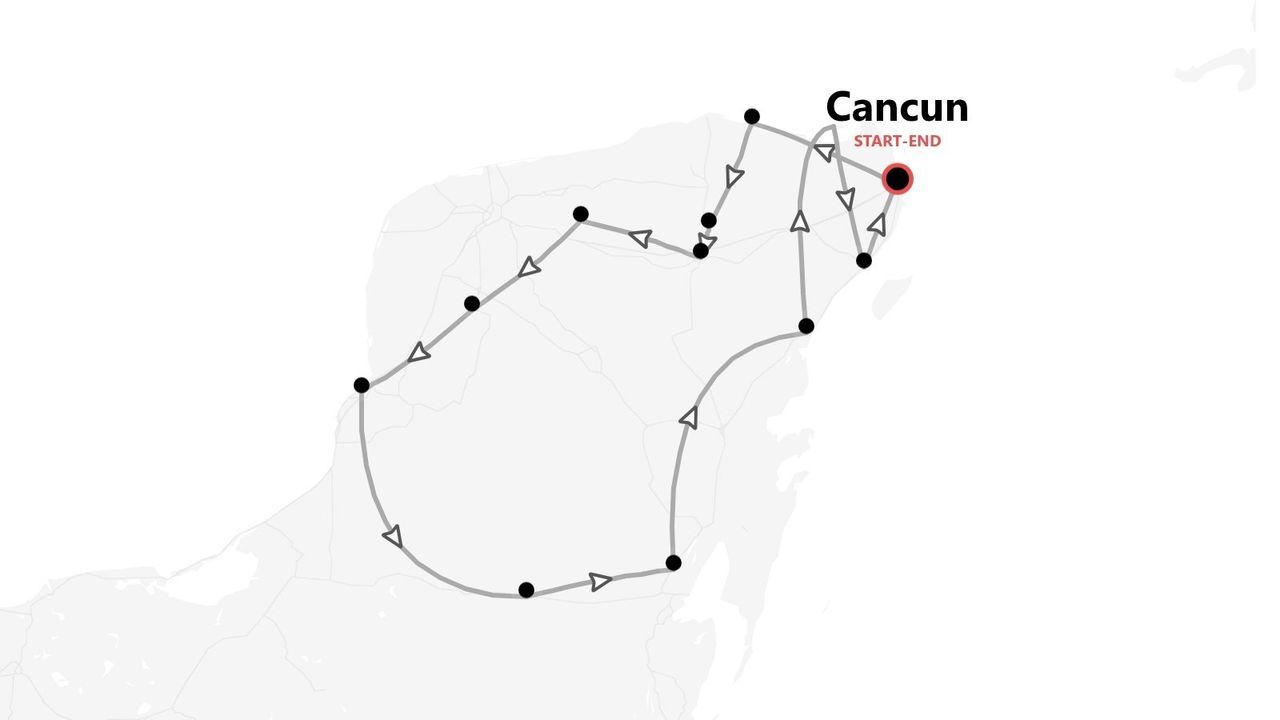 Reiseroutenkarte für eine Rundreise ab/bis Cancún.