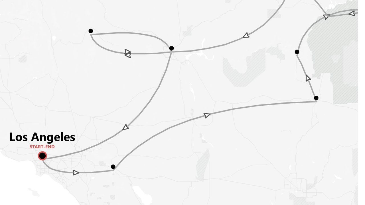 Mappa di un itinerario circolare con partenza e arrivo a Los Angeles.