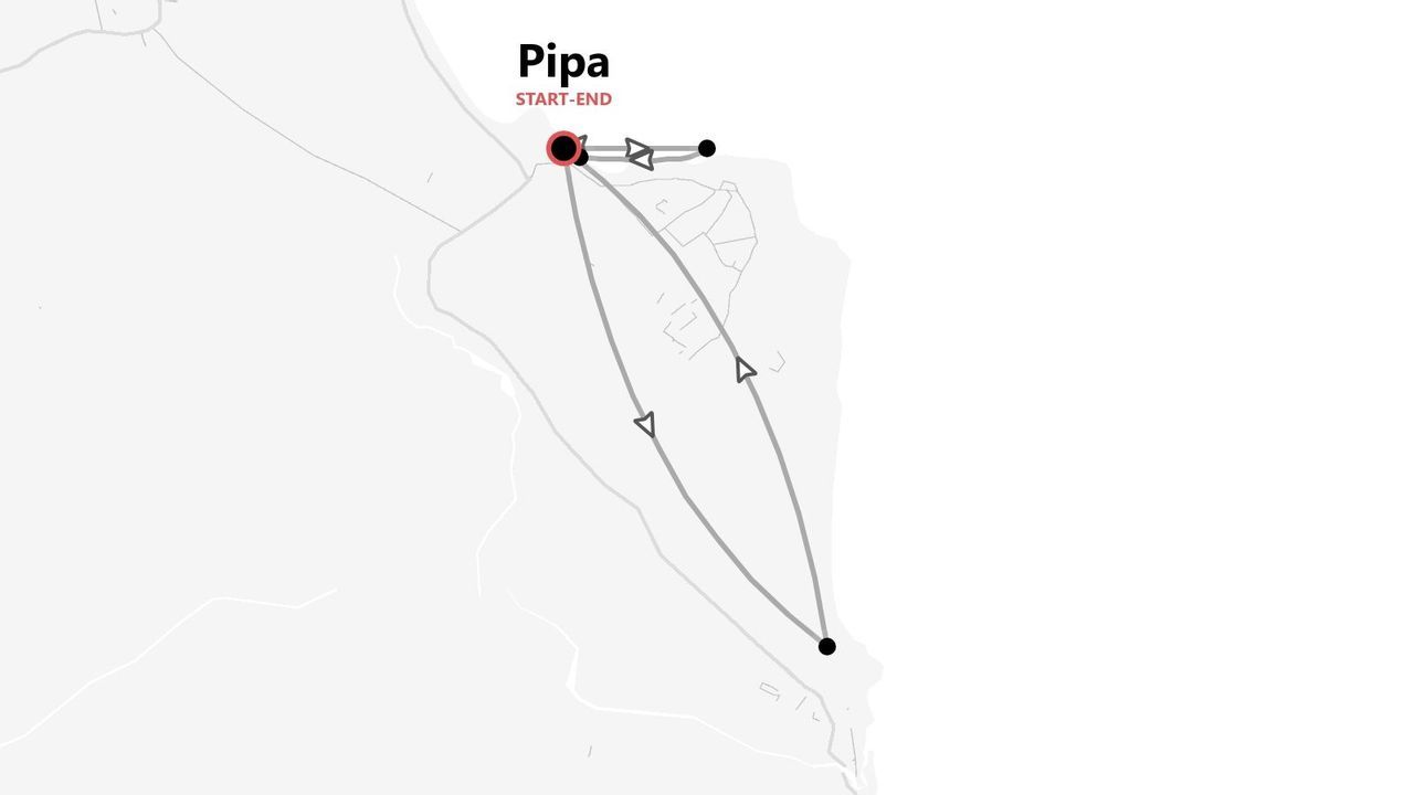 Una mappa itinerario minimalista che mostra diversi percorsi con frecce che partono e finiscono in un punto etichettato 'Pipa'.