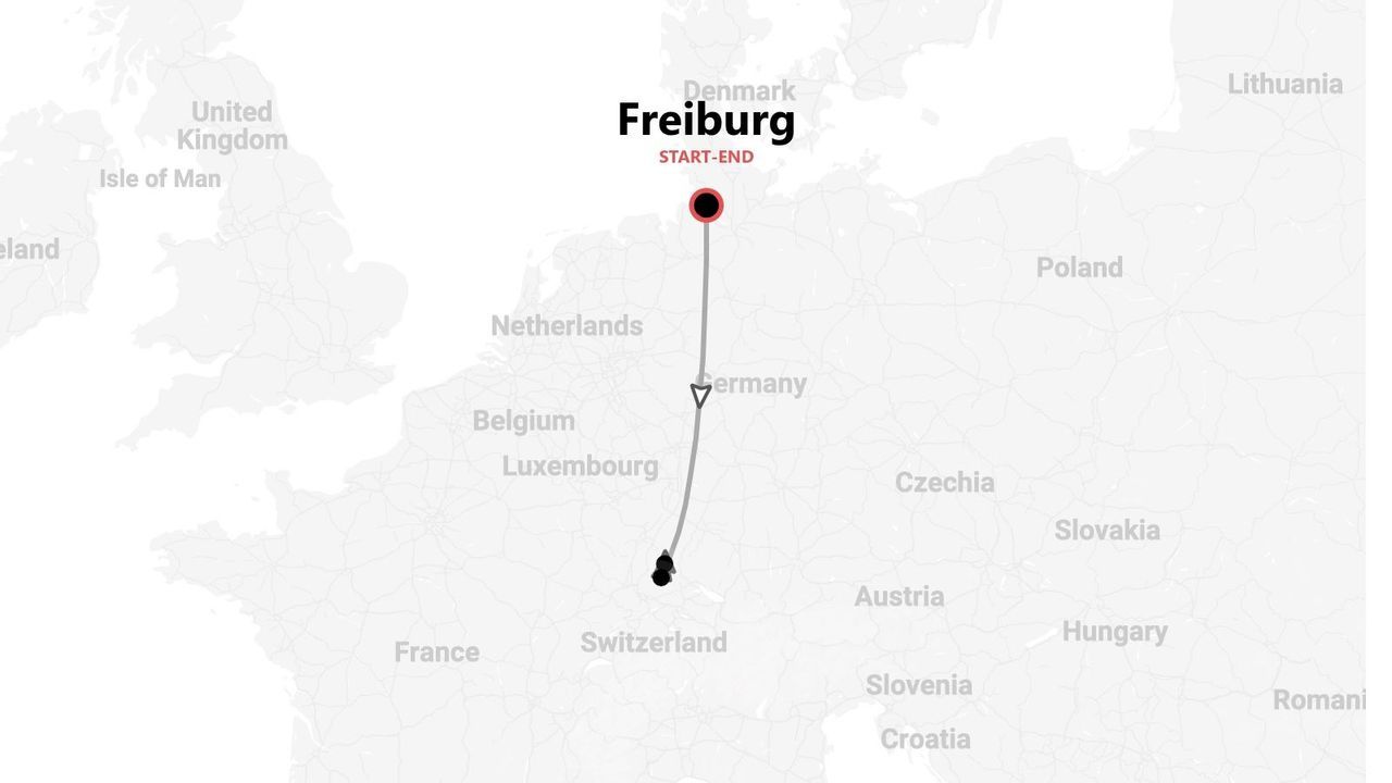 Mappa di un itinerario di viaggio in Europa, con percorso circolare che parte e finisce a Friburgo, Germania.