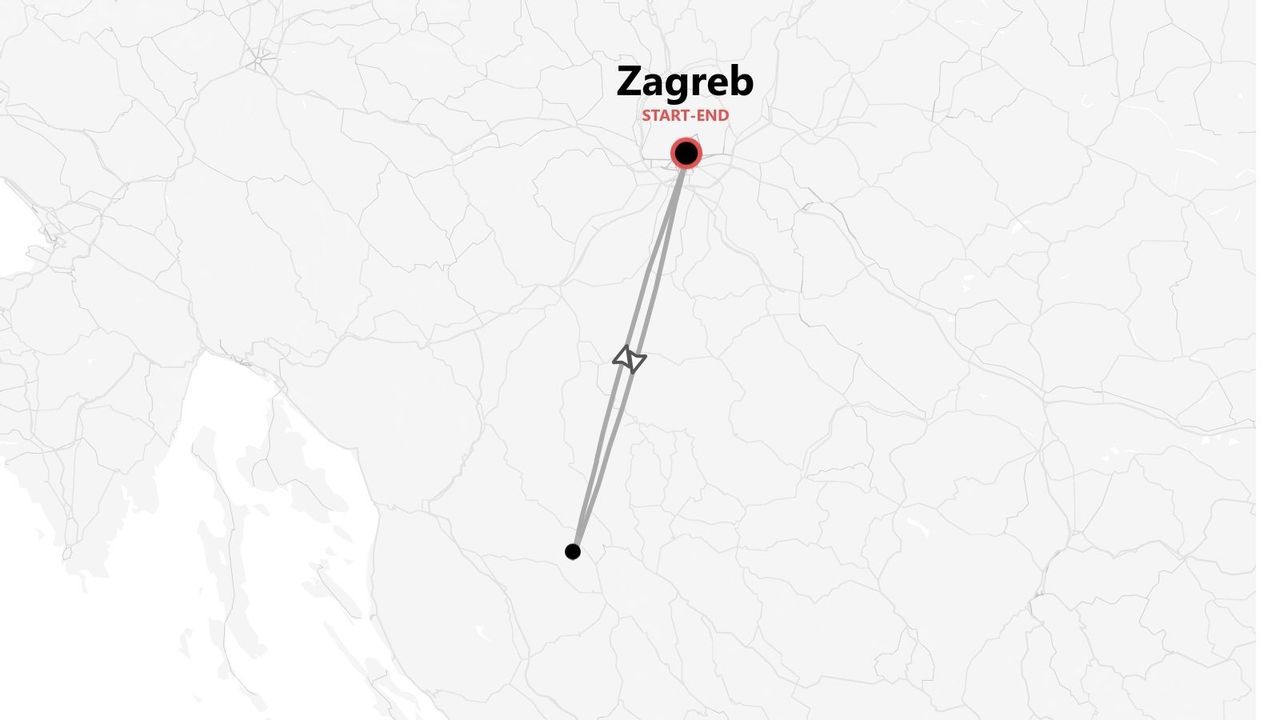 A minimalist map showing a travel itinerary with Zagreb, Croatia, marked as the start and end point of the route.