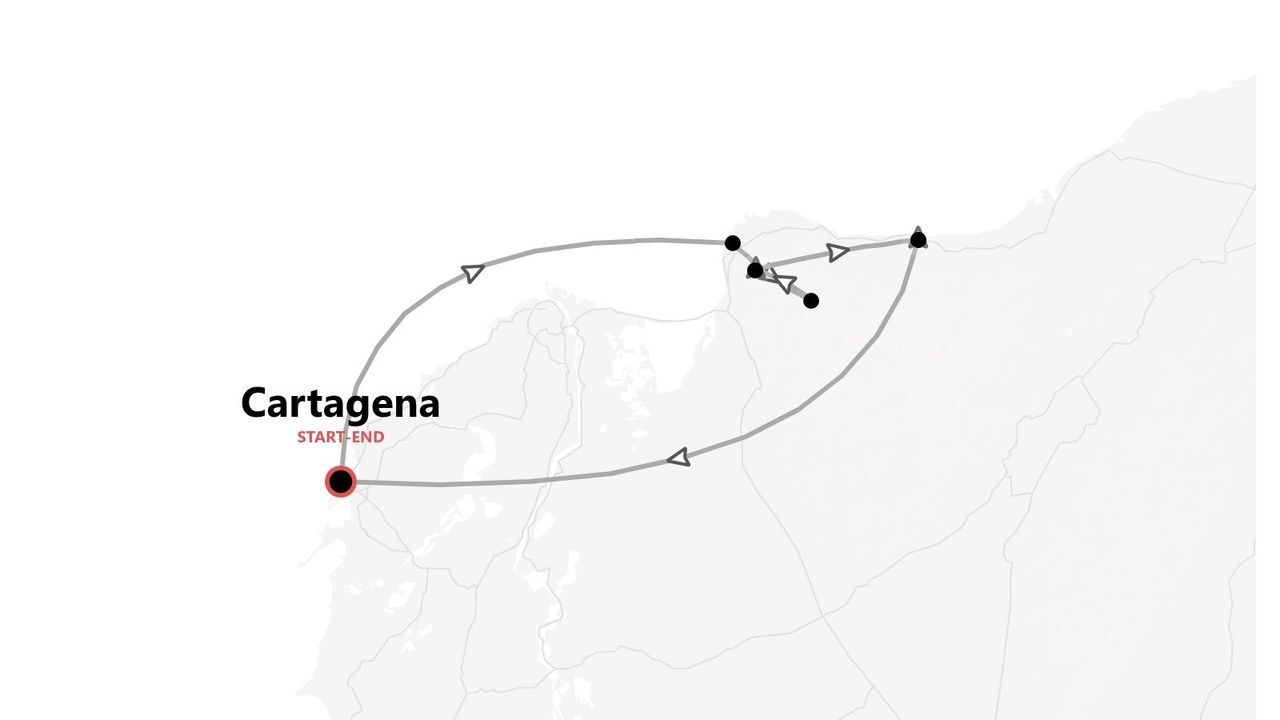 Eine Graustufenkarte, die eine Reiseroute zeigt, die in Cartagena beginnt und endet, mit verschiedenen Zwischenstopps unterwegs.